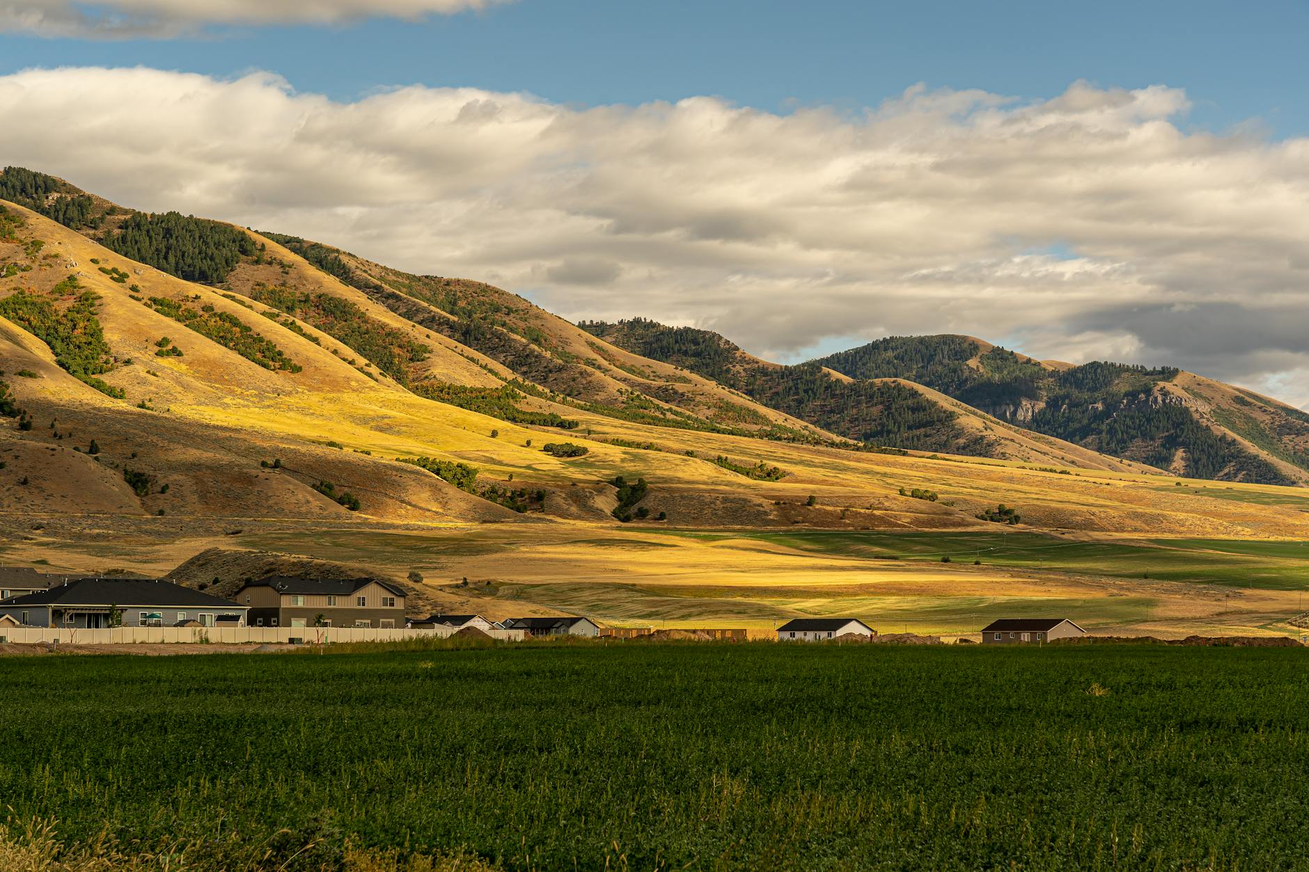 green grass field near mountain under white clouds